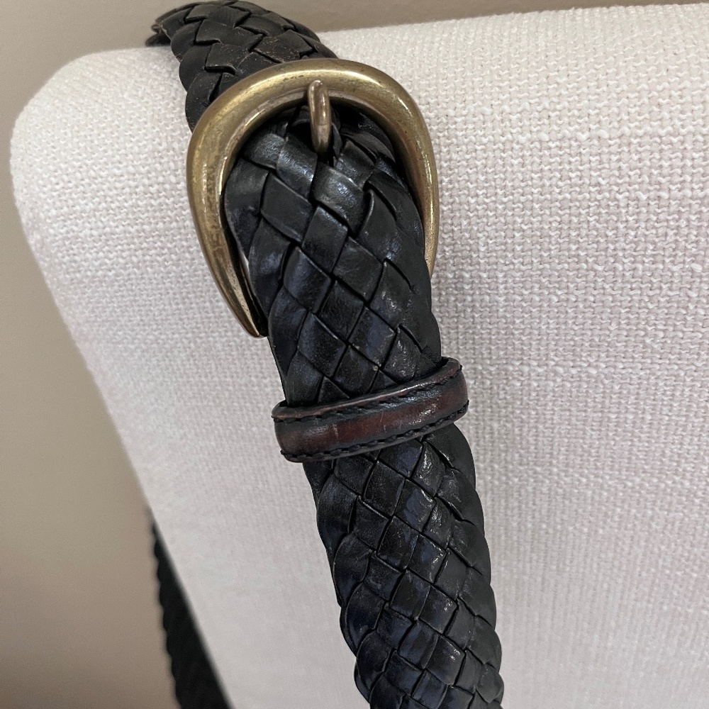 Vintage Black Braided Leather Belt Lands End Men's size 34 Solid brass buckle